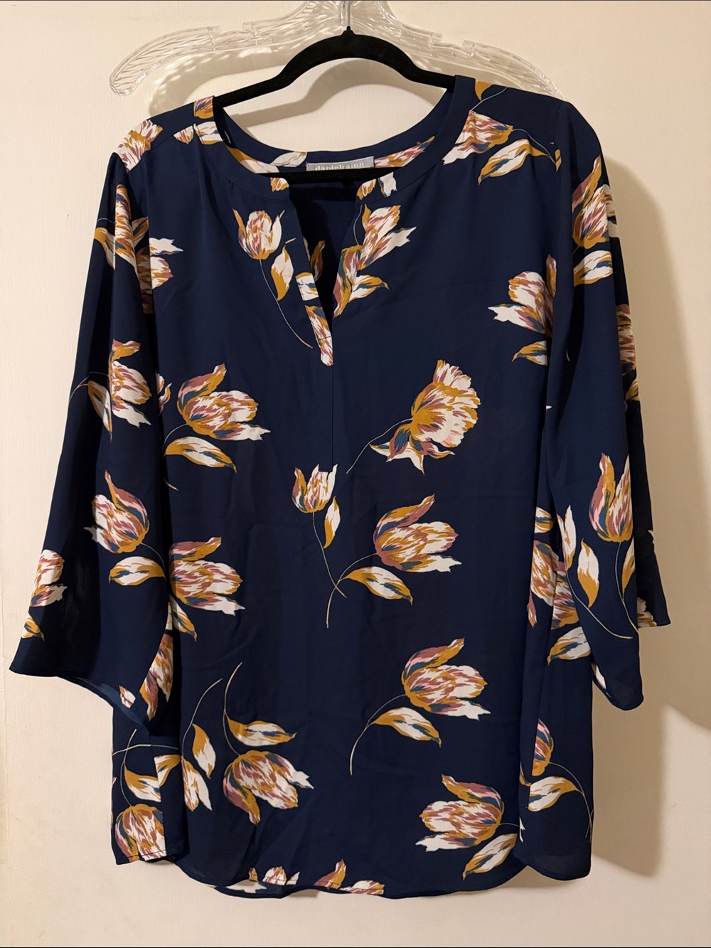 Daniel Rainn Navy Floral Split V-Neck Blouse